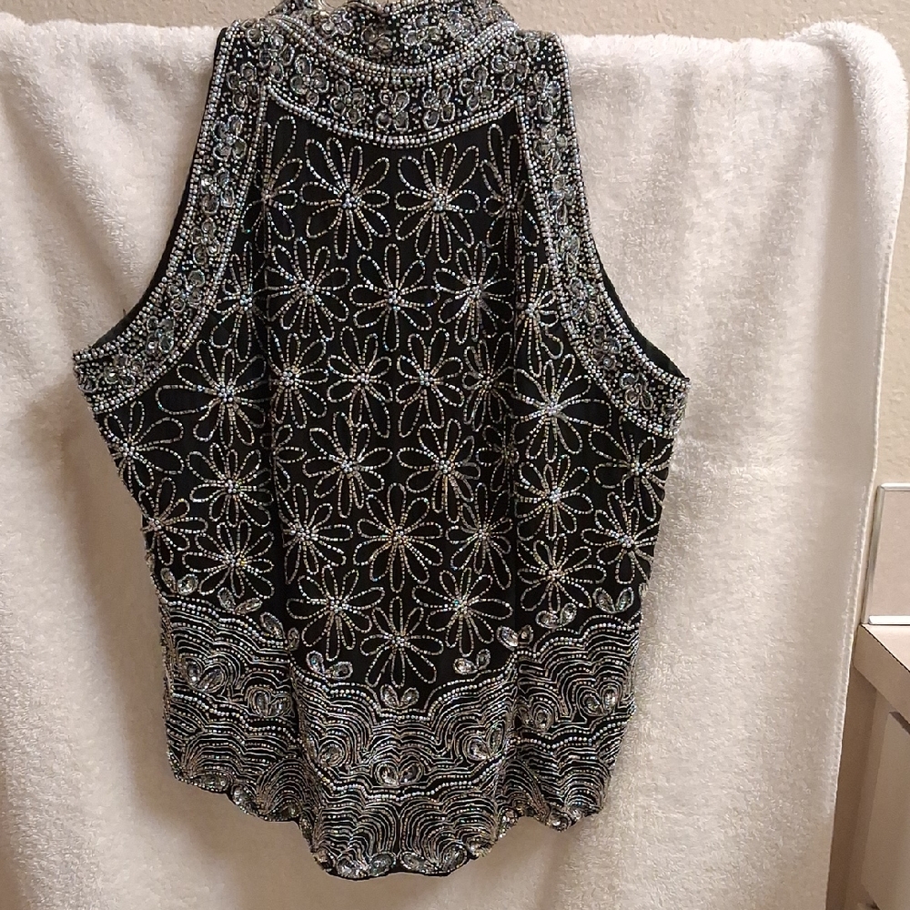 Laurence Kazar Black and Silver Beaded Blouse